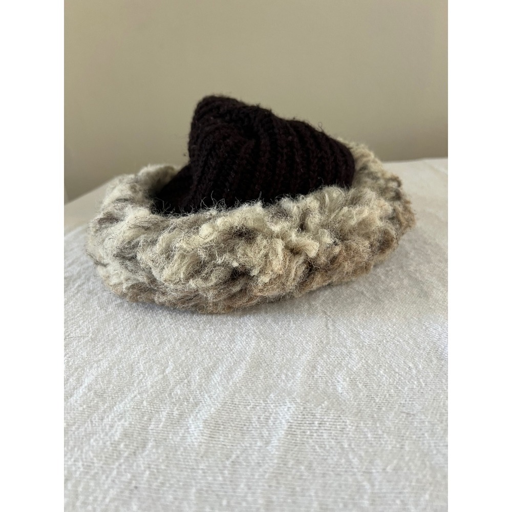 Vintage Black Knit Faux Shearling Trim Winter Beanie One Size - Picture 2 of 4